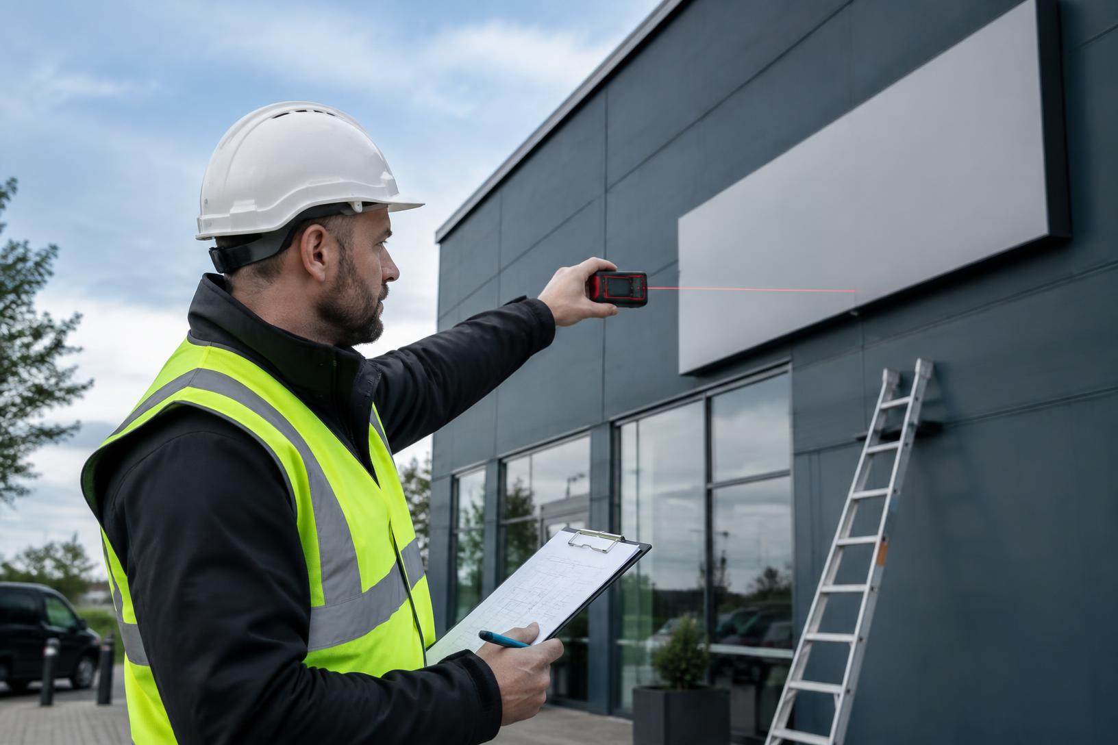 Montør opmåler facade med lasermål og klippebord